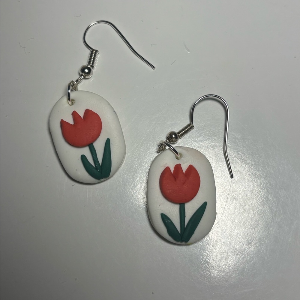 Floral Clay Earrings with Red Tulip Design